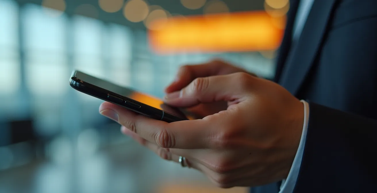 A person's hand holding a smartphone, with the screen showing a blurred interface of an airline app during mobile check-in.
