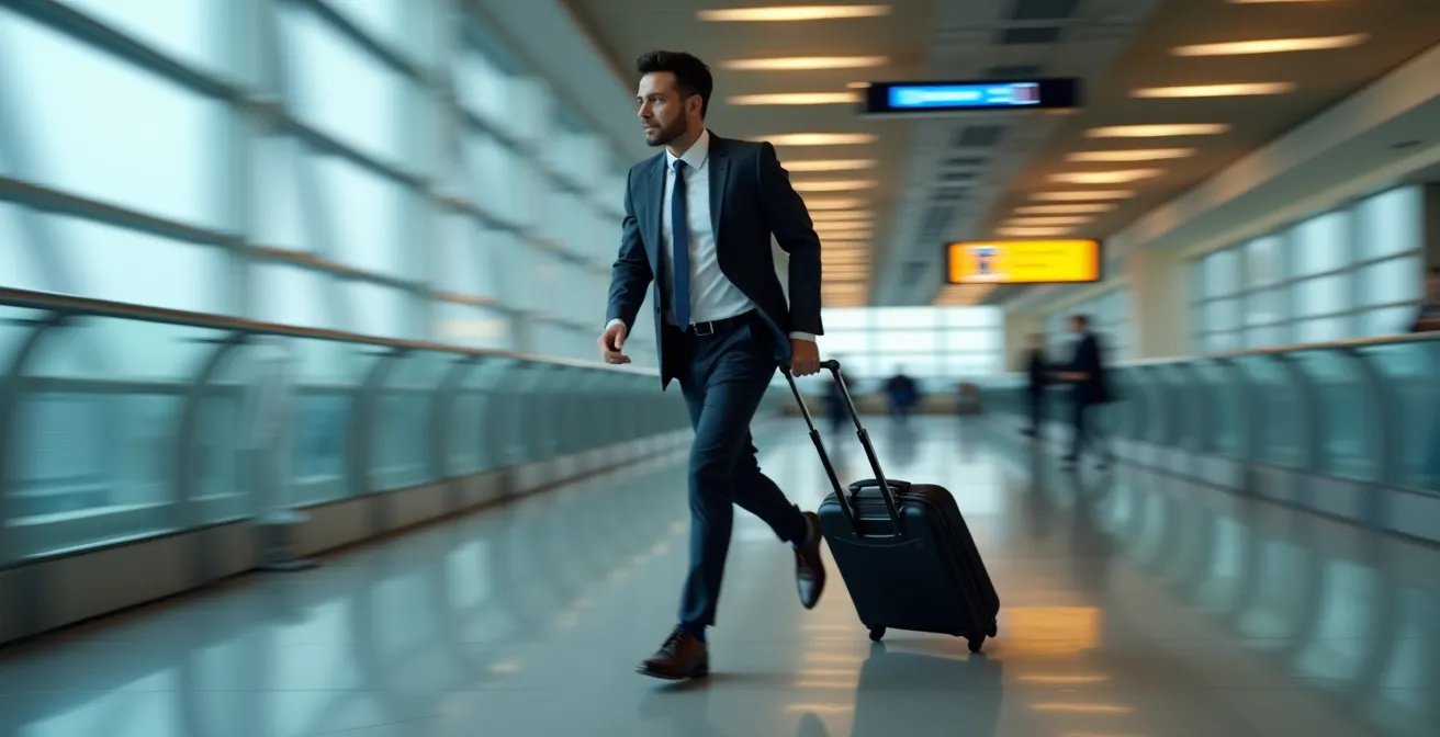 Traveler rushing through an airport terminal with luggage, trying to make a connecting flight.