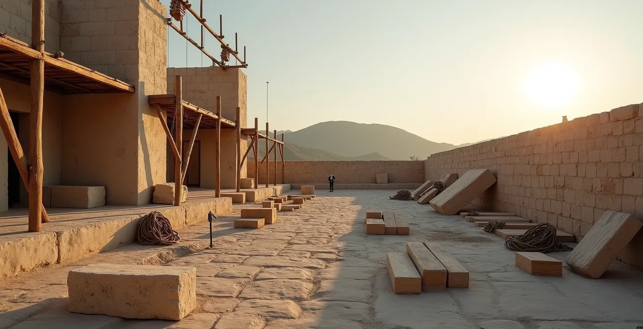 Archaeological reconstruction showing ancient workers using traditional construction methods