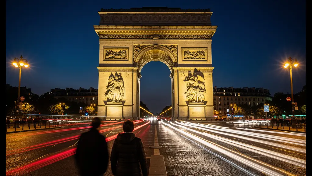 Arc de Triomphe floodlit at night with light trails on Champs-Élysées Paris