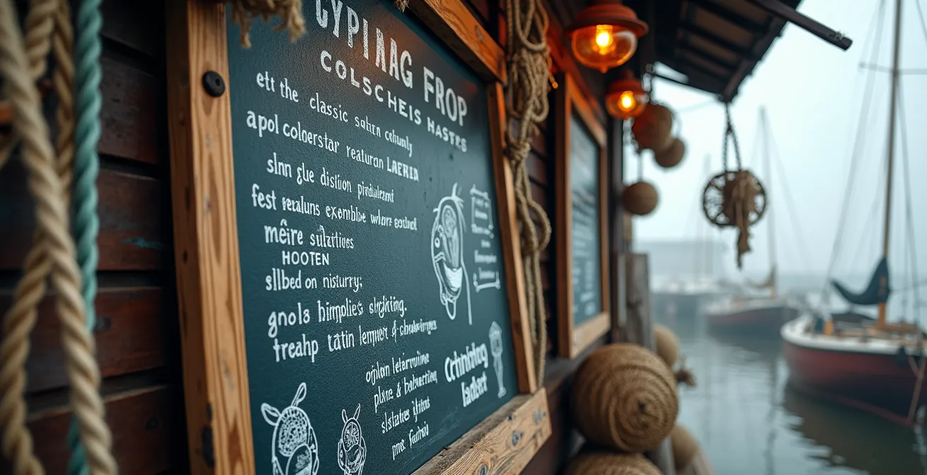 Simple handwritten menu board near fishing docks showing daily catch