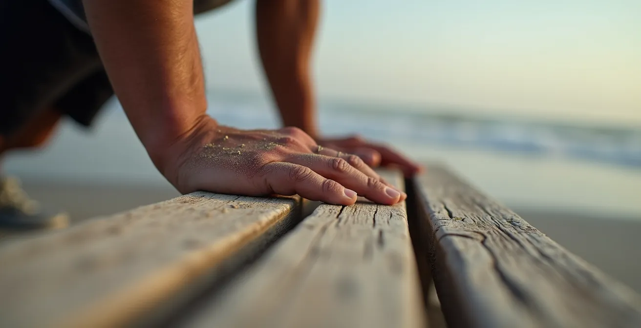Athletic person performing elevated push-ups on seaside boardwalk bench with ocean backdrop