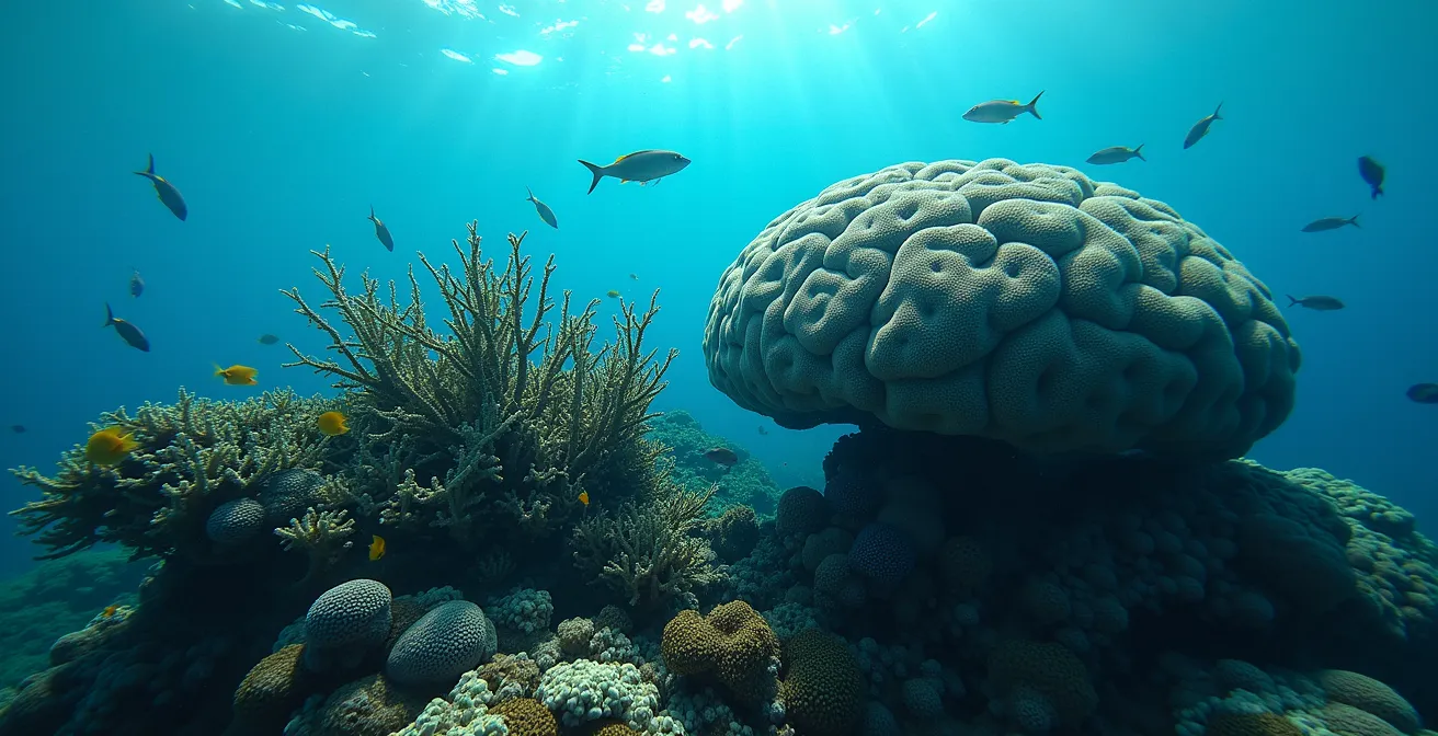 Underwater comparison of branching coral versus massive coral showing fish density differences