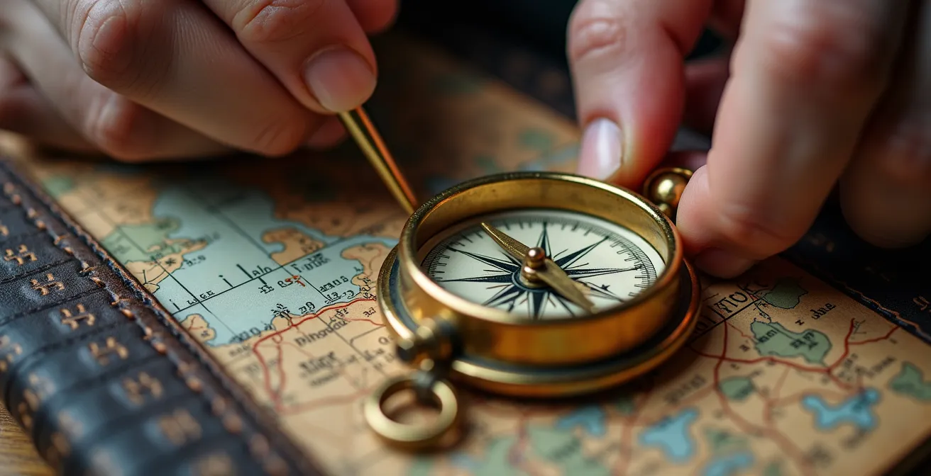 Close-up of hands marking time calculations on travel journal with city map in soft focus background