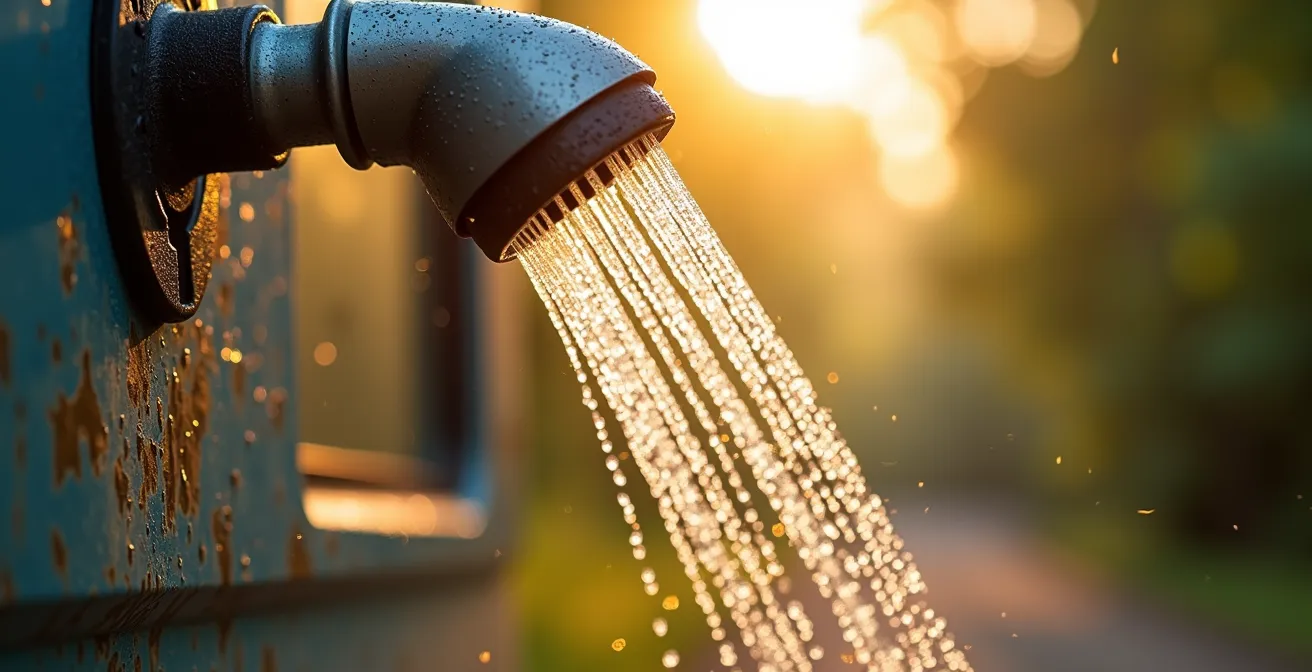 Outdoor shower setup attached to a campervan in a forest clearing