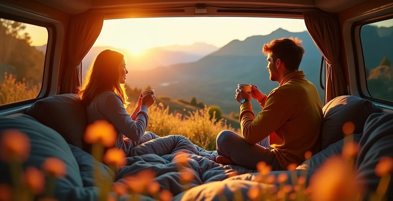 Campervan with open doors revealing cozy interior parked at mountain overlook during golden hour