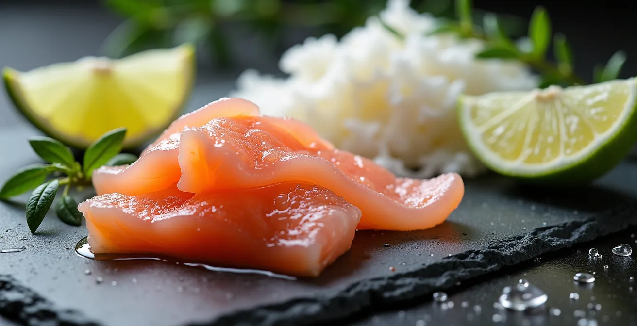 Close-up of fresh fish being prepared with citrus for ceviche