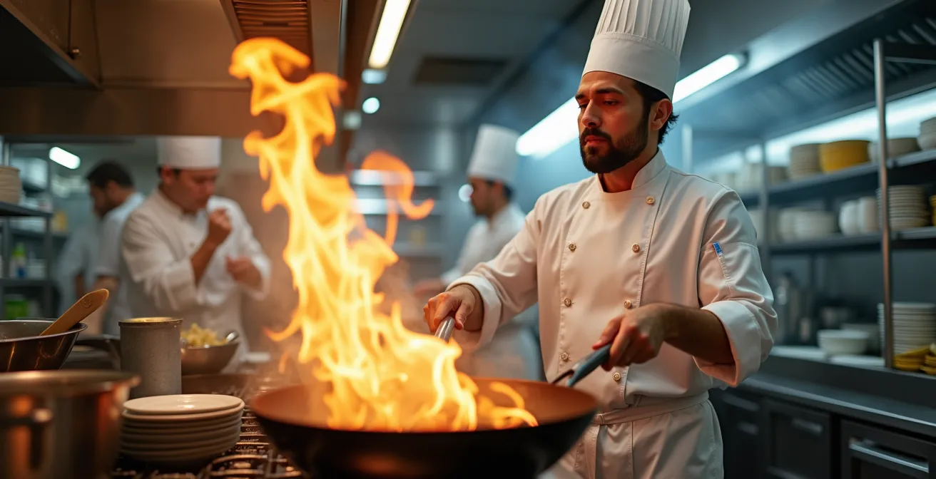 Chef passionately preparing signature dish in busy restaurant kitchen