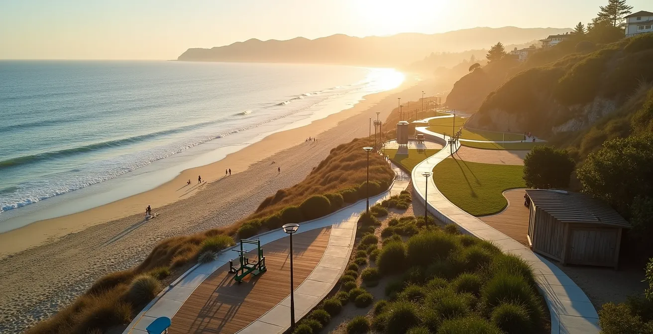 Aerial view of coastal town showing marked running trails along beachfront and fitness areas