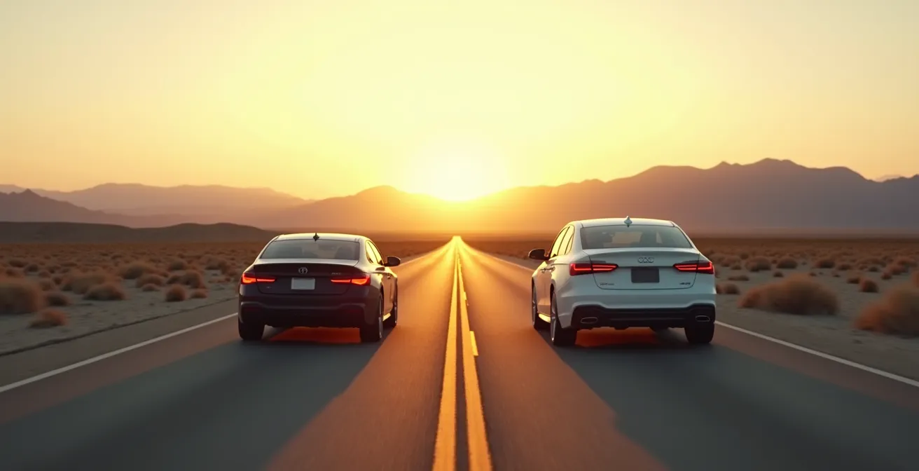 Side view comparison of compact and economy cars on highway