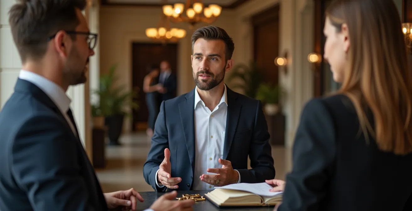 Professional interaction between hotel guest and concierge showing engaged conversation