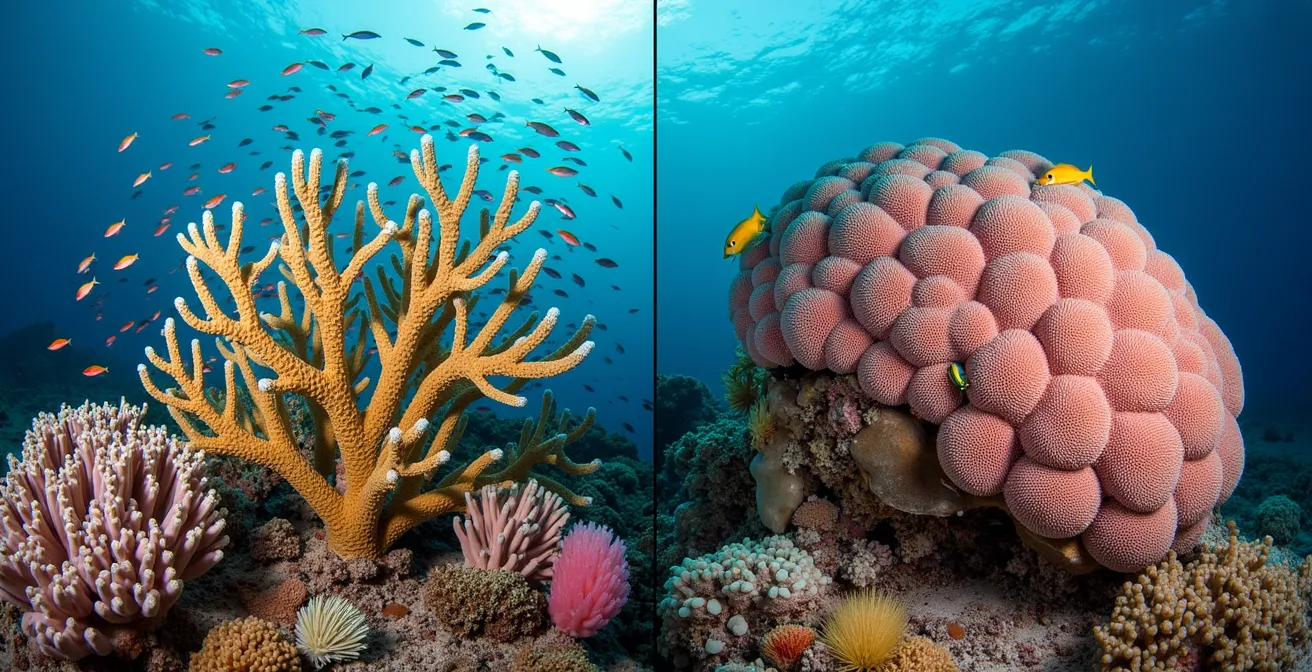Split view showing intricate branching coral structure with numerous small fish versus a solid massive coral formation with fewer, larger fish.