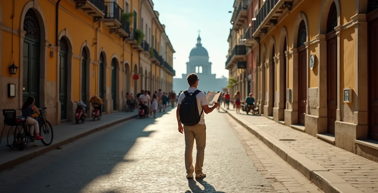 Solo cruise tourist discovering hidden narrow street with local architecture