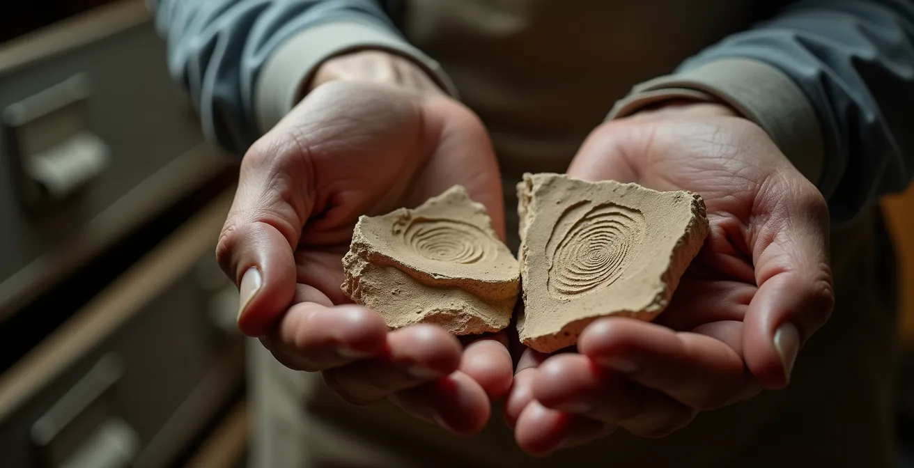 Museum curator carefully examining archaeological pottery fragments in storage facility