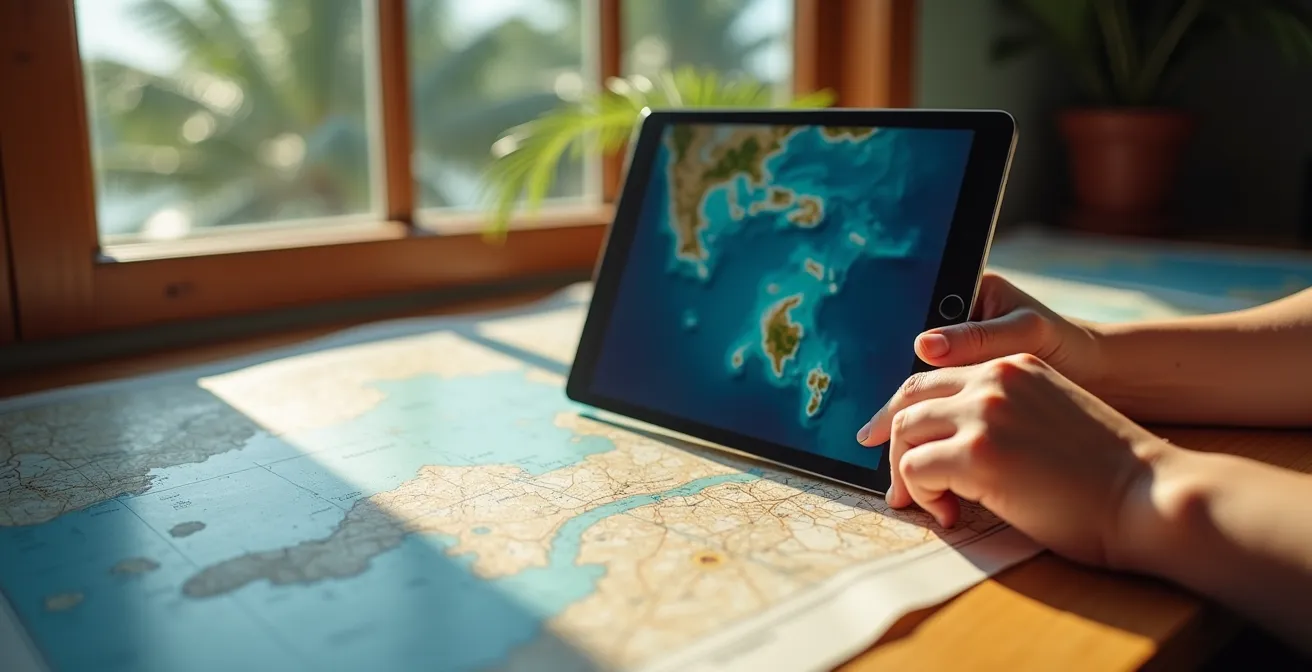 Hands using multiple devices for digital reconnaissance of island privacy