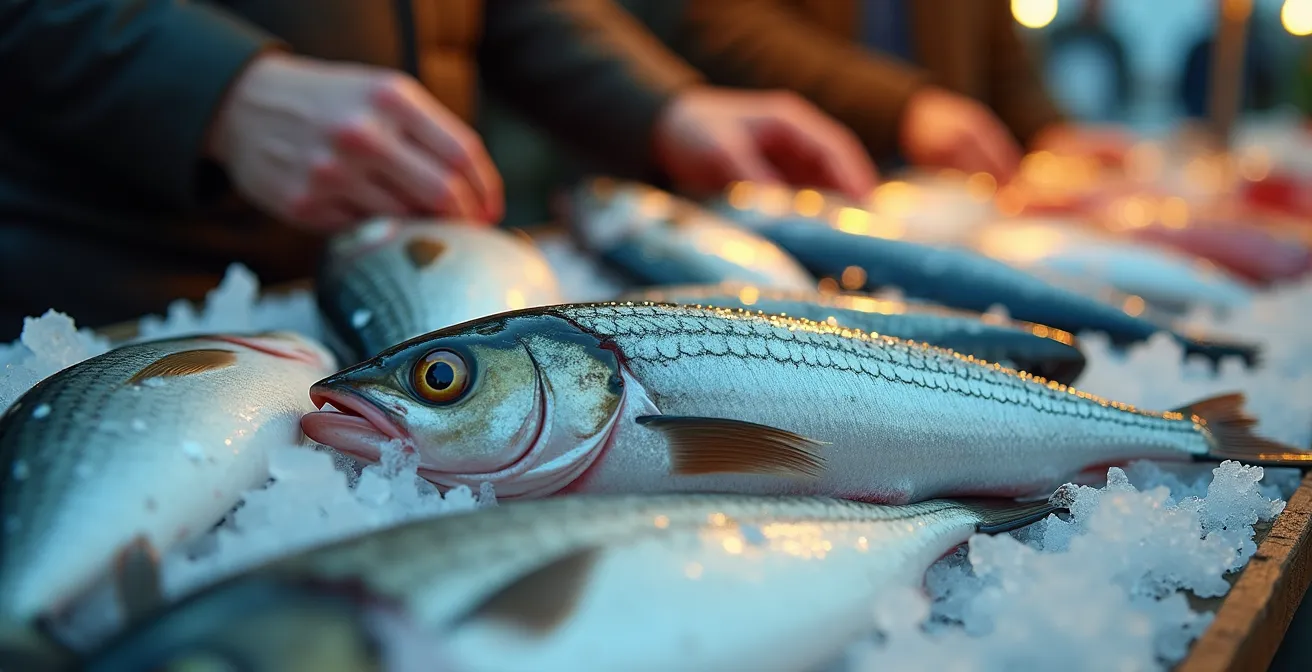 Dawn fish market with fresh catch display and local vendors in traditional coastal village