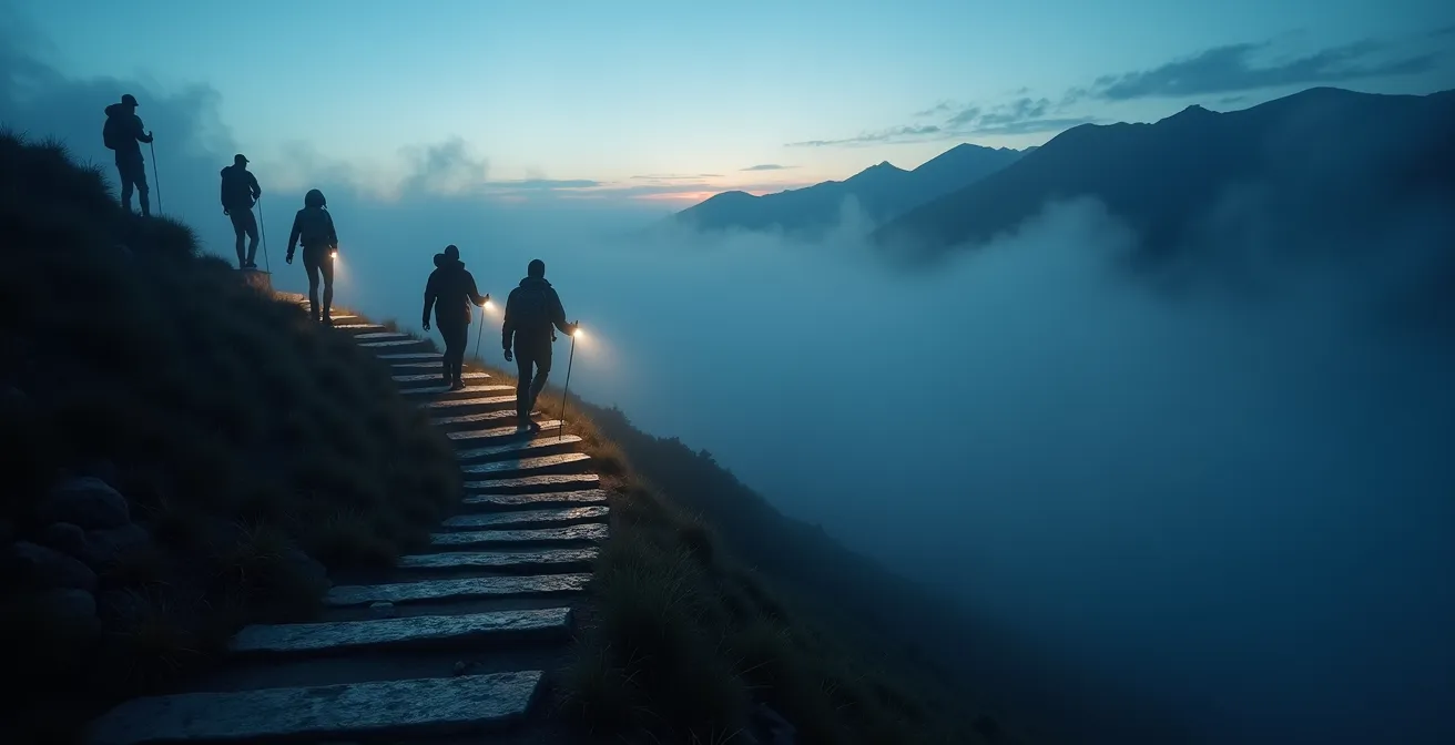 Hikers with headlamps climbing stone steps in pre-dawn mist