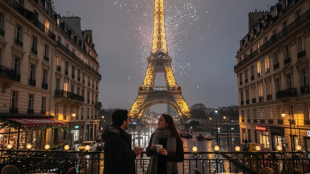 Eiffel Tower sparkling during evening light show with Paris cityscape