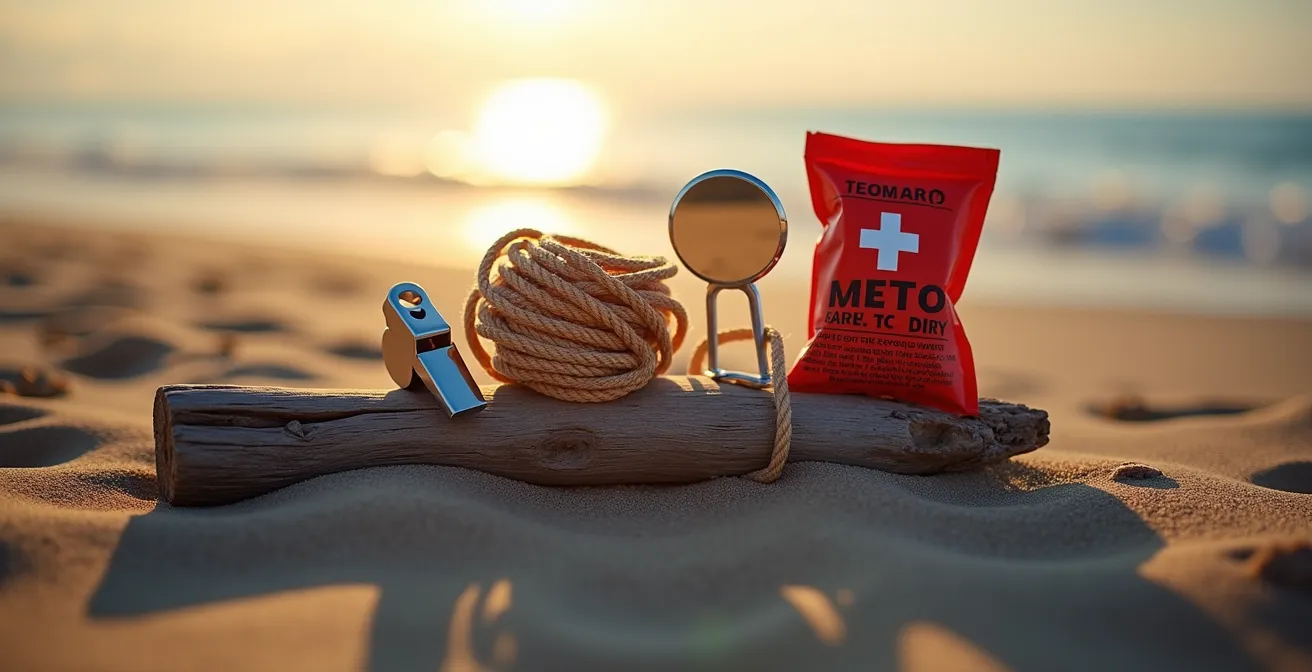 Beach safety gear arranged on driftwood including whistle and first aid supplies