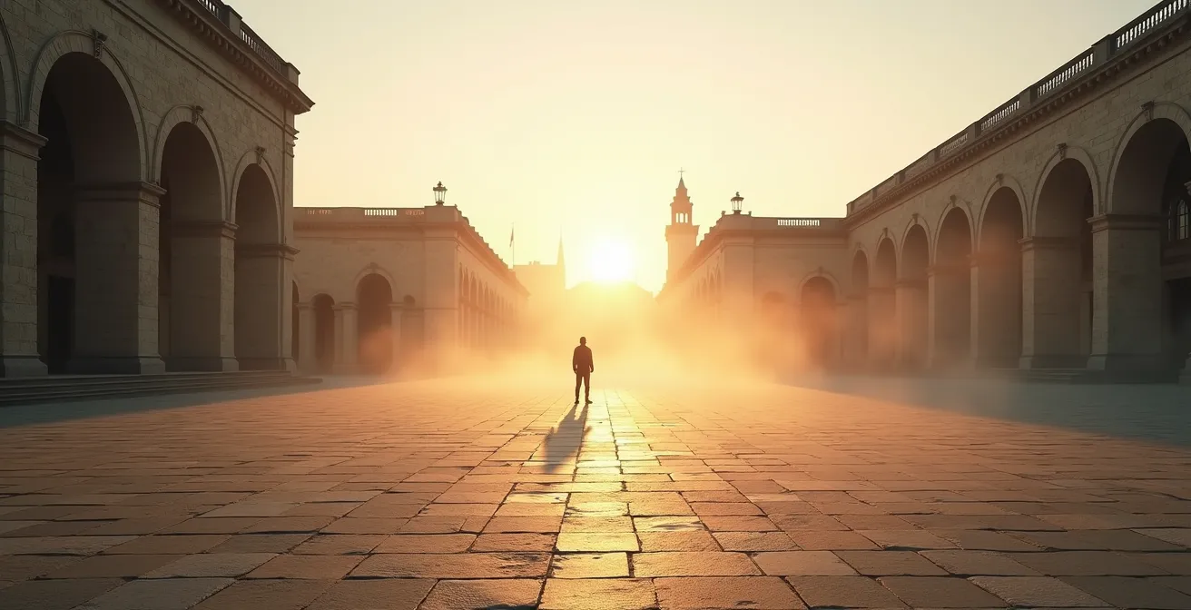 Deserted ancient plaza bathed in early morning golden light