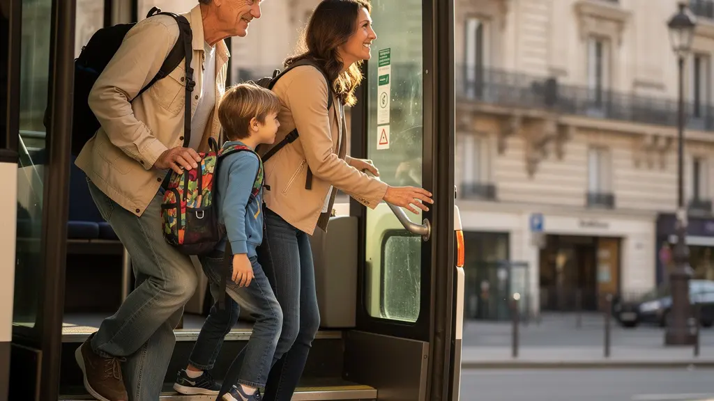 Family with child stepping off sightseeing bus near Parisian architecture