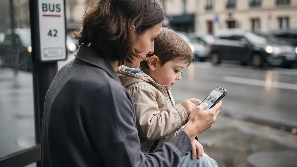 Family checking sightseeing bus tour app at Paris stop