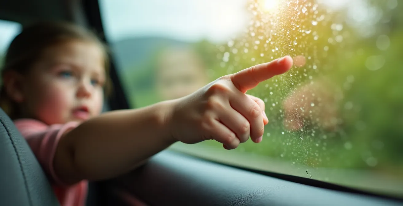 Children playing interactive word games while looking out car windows during daytime drive