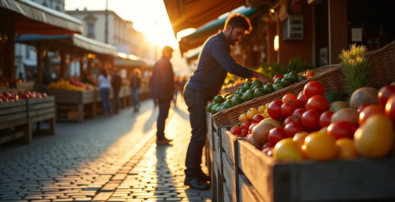 Wide shot of nearly empty farmers market stall at golden hour, vendor arranging produce in wooden crates, warm afternoon light