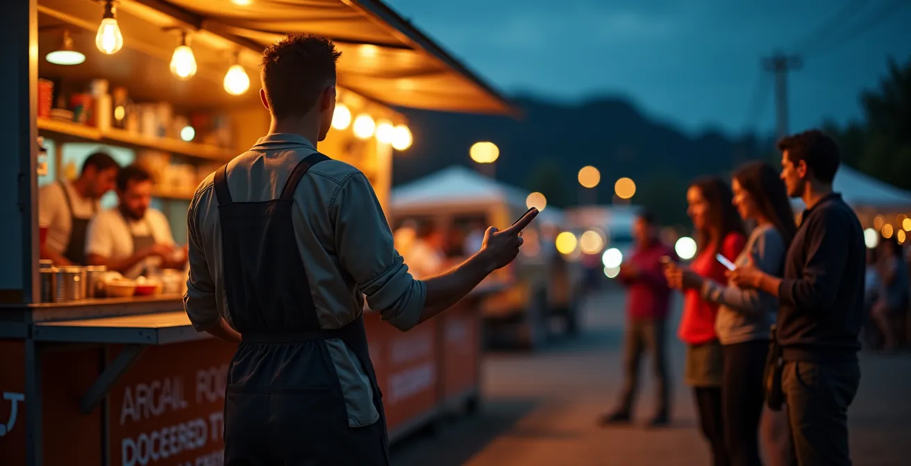 Evening scene at festival exit with food vendors and informal transport gathering point