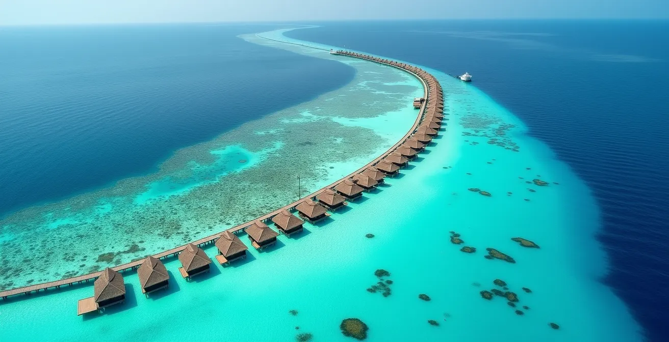 Aerial view of floating villas in a protected turquoise lagoon surrounded by coral reefs