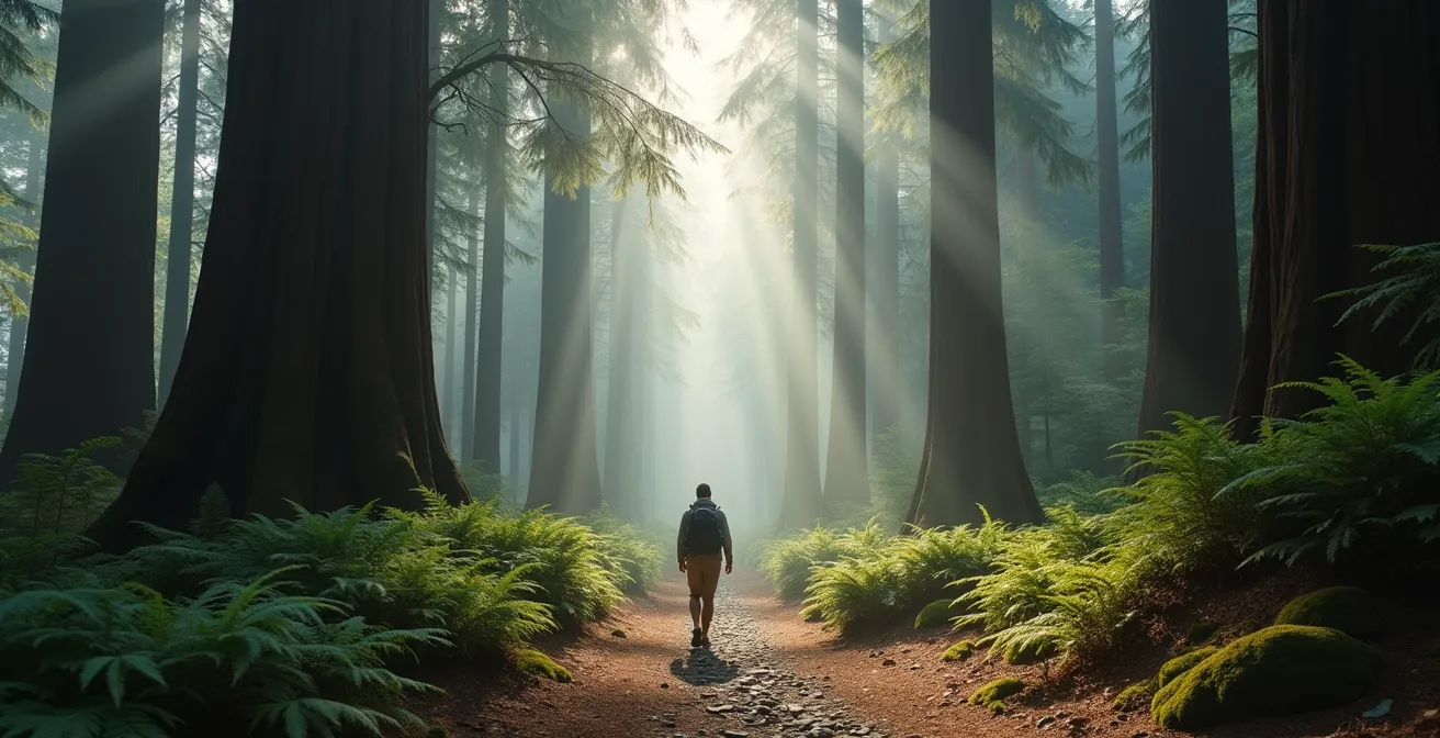 Solitary person walking mindfully through misty forest with towering ancient trees