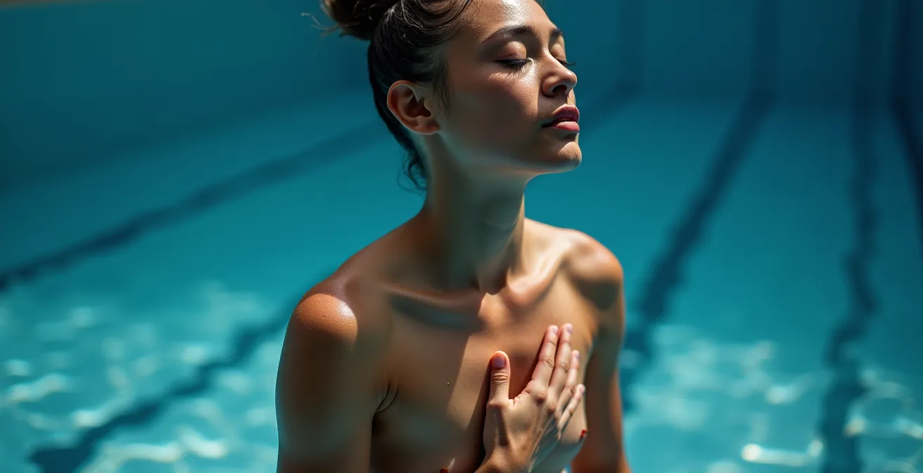Freediver practicing calm diaphragmatic breathing at pool edge