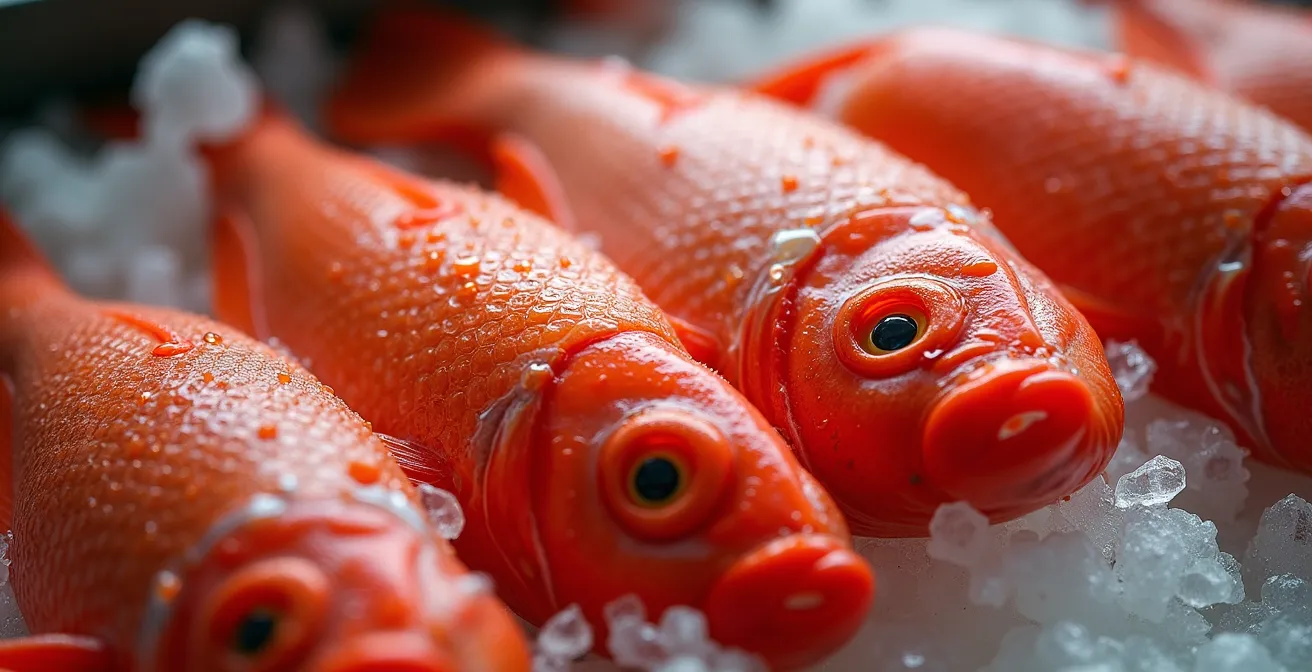Extreme close-up of bright red fish gills showing freshness, natural daylight, sharp detail of texture and color