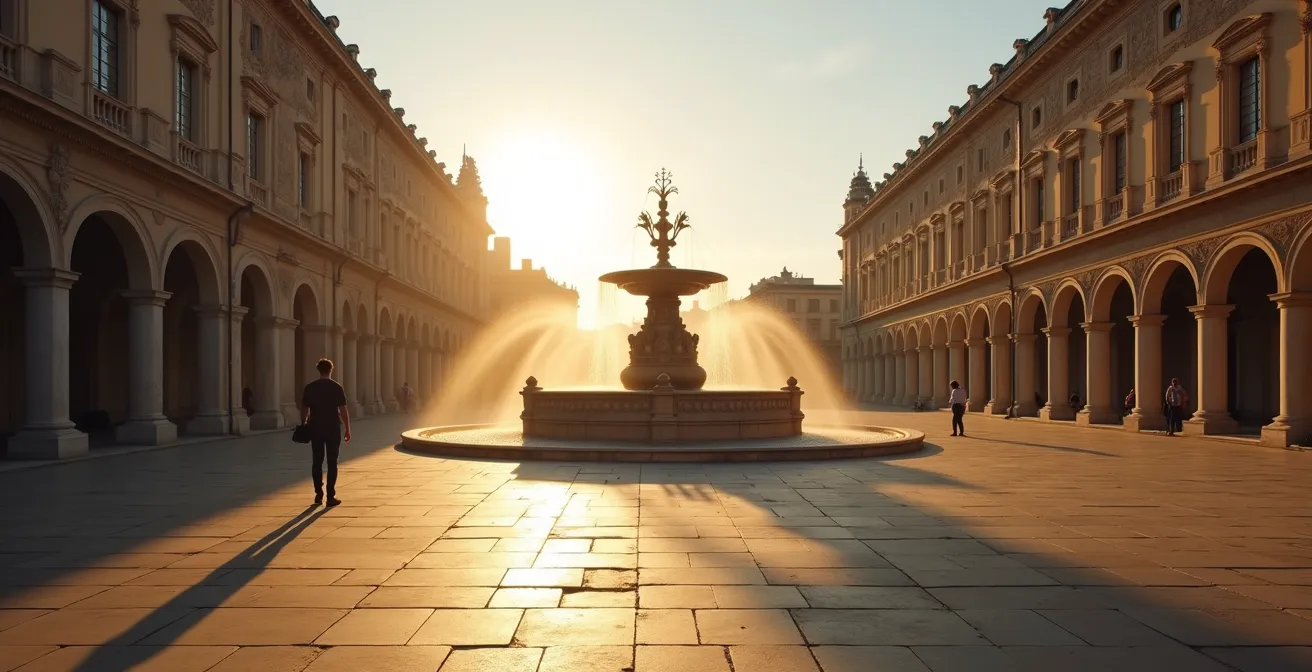 Early morning view of an uncrowded historical plaza with soft lighting