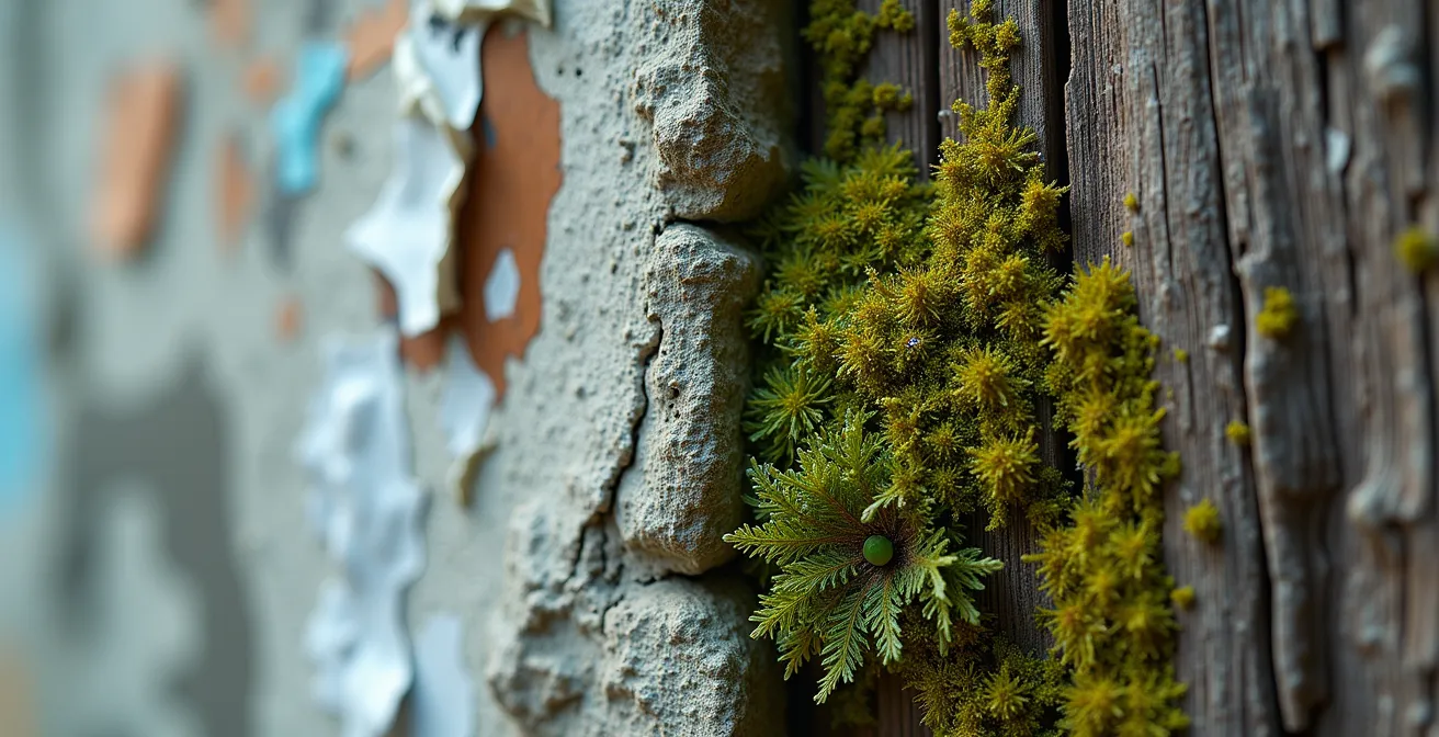 Split scene showing superficial peeling eco-labels on a concrete wall versus authentic, living moss growing on wood