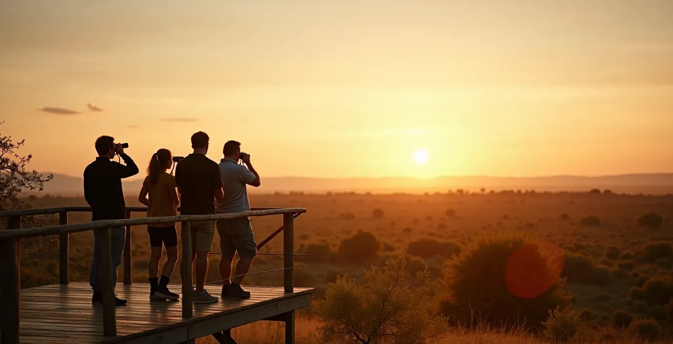 Visitors observing animals from a designated platform at a respectful distance