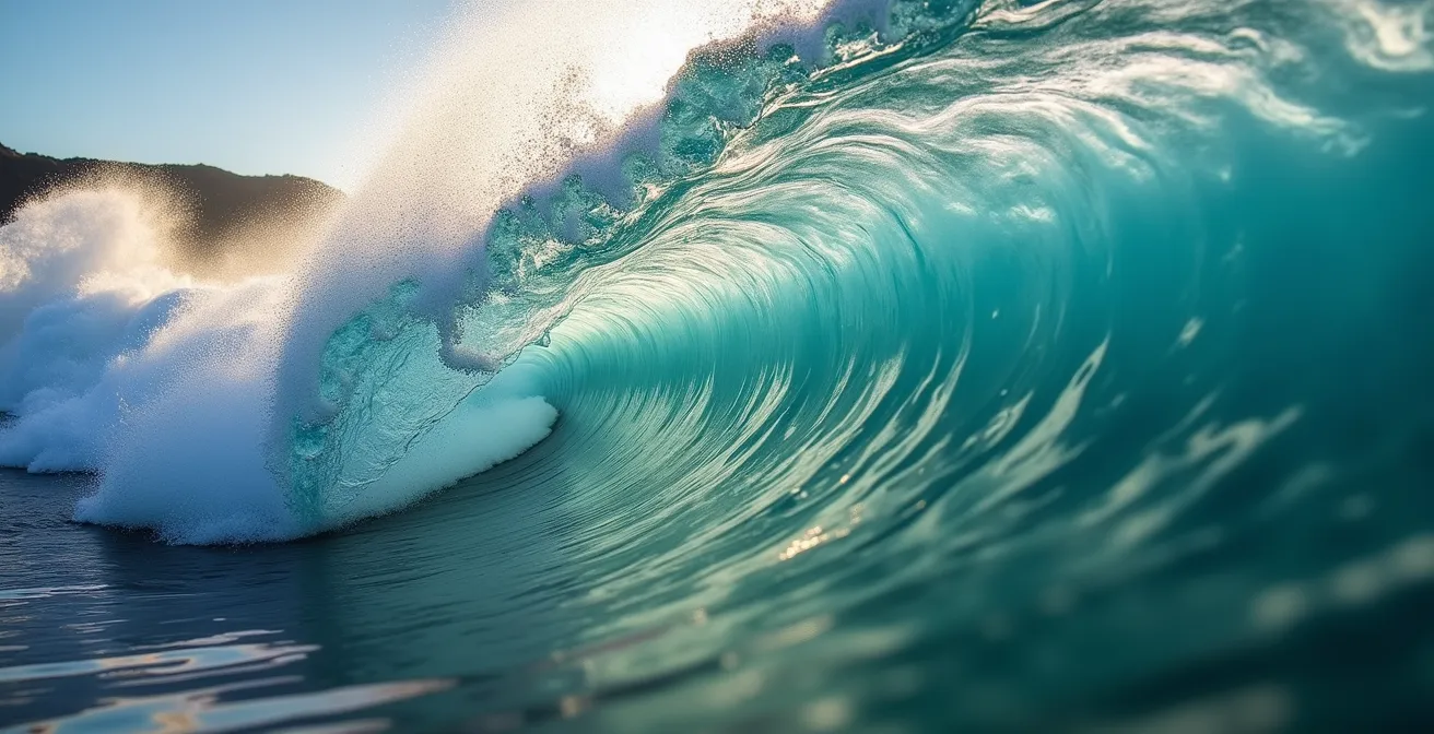 Powerful shorebreak wave crashing on volcanic sand beach showing dangerous curl and force