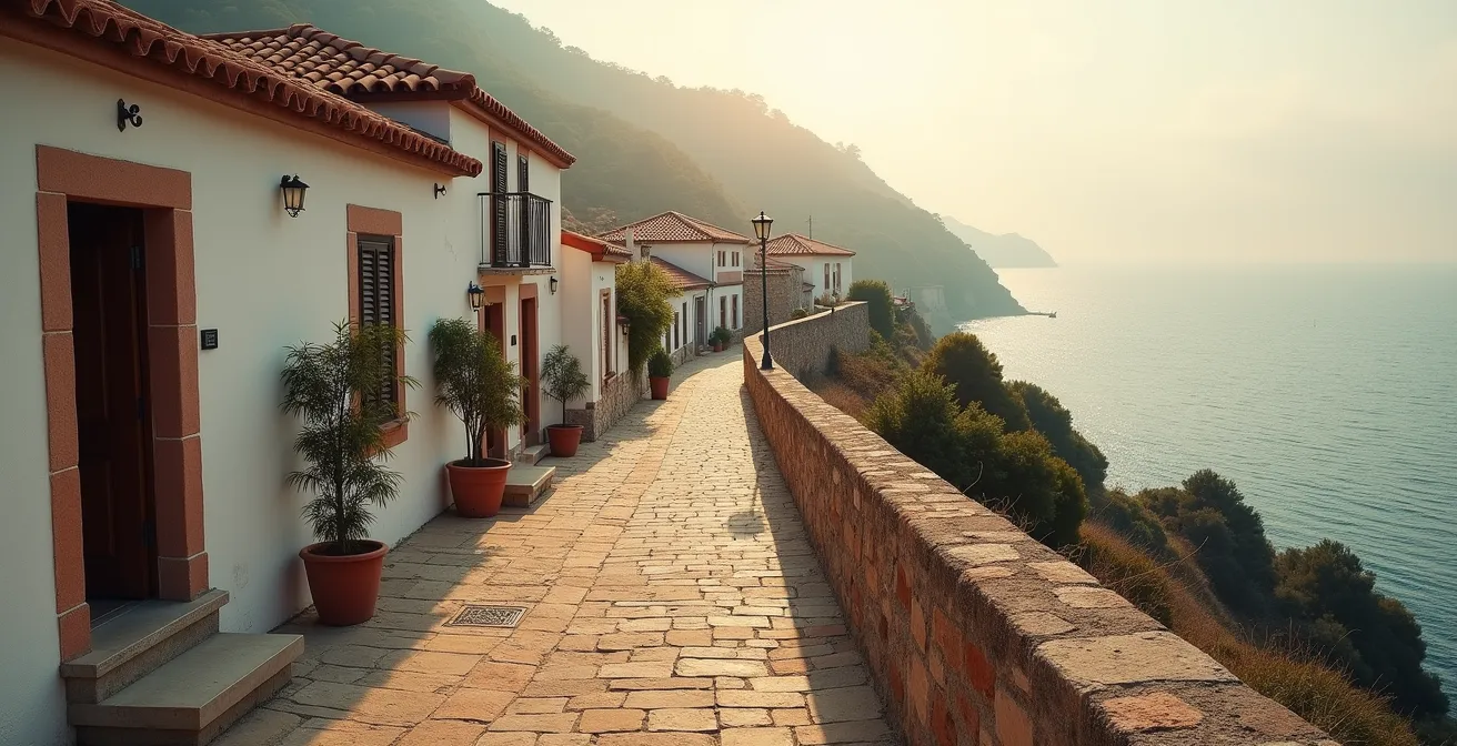 A peaceful coastal village at dawn with traditional architecture and empty cobblestone streets