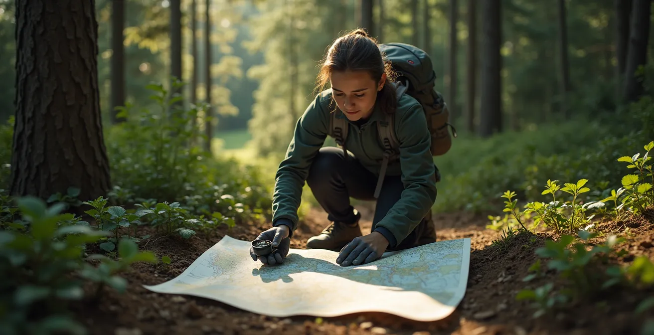 Hiker calmly consulting paper map in dense forest setting