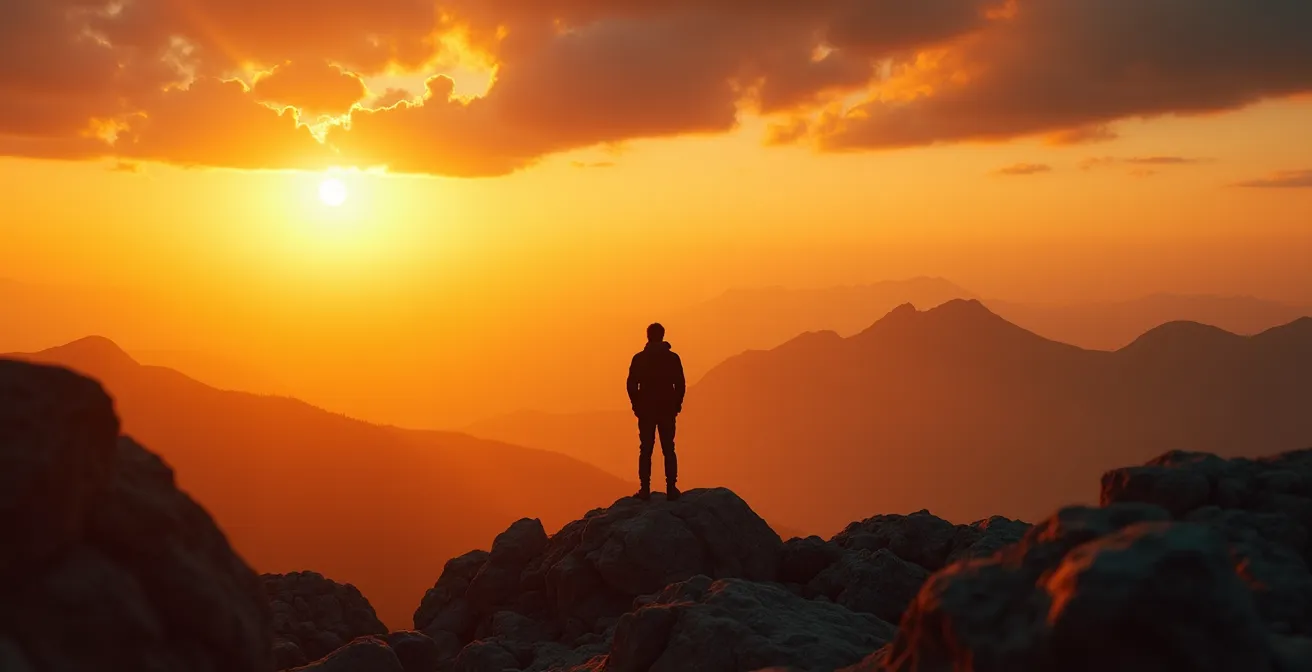 Silhouette of hiker standing on mountain peak during sunset with expansive valley view