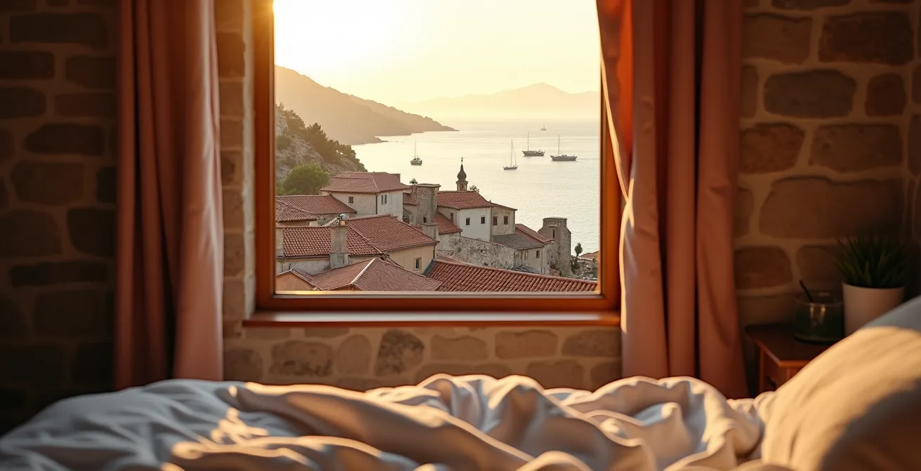 Hilltop bed and breakfast overlooking traditional fishing harbor at dawn with misty coastal landscape