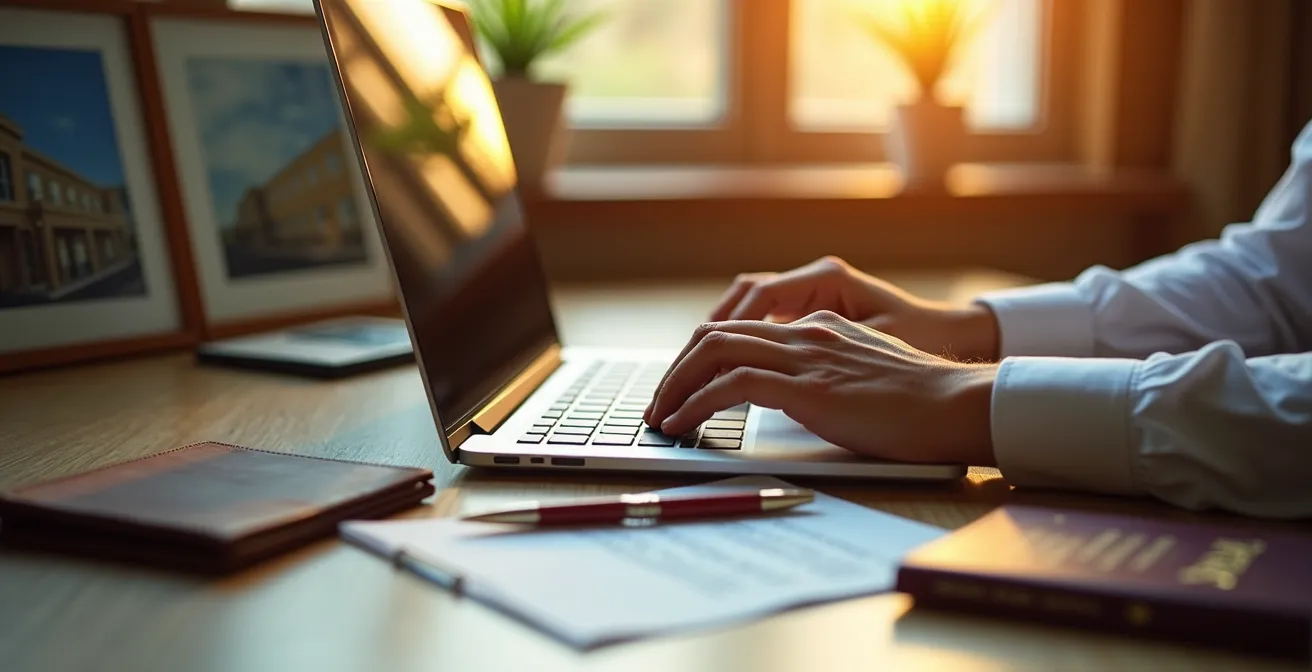 Guest composing strategic hotel email on laptop in warm light