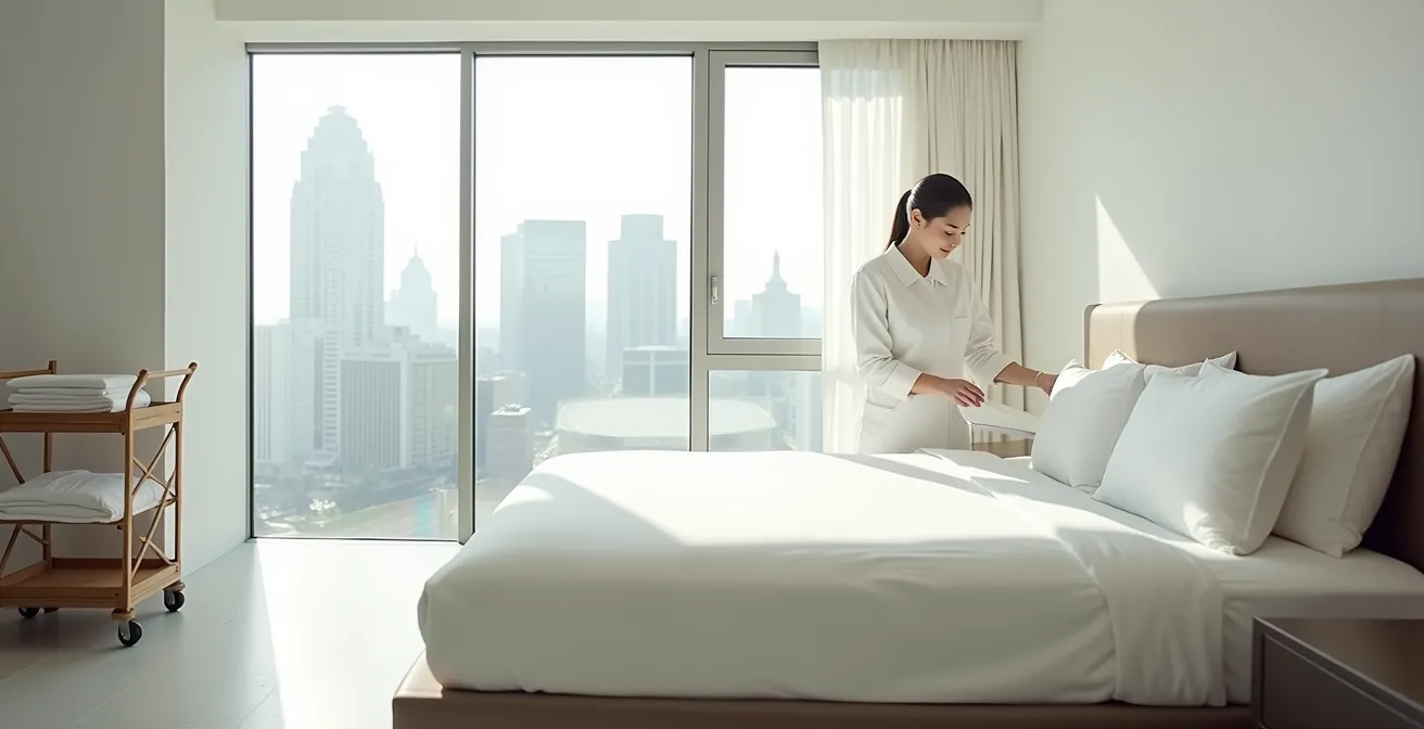 Professional housekeeper preparing luxury hotel room with attention to detail