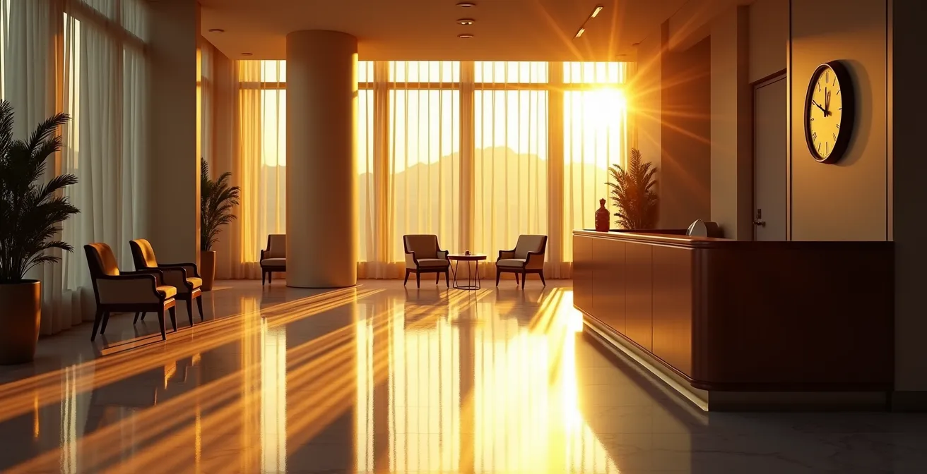 Quiet afternoon hotel lobby showing optimal concierge consultation timing