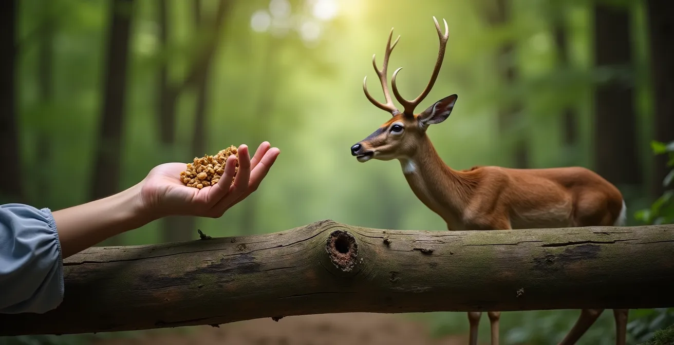 Symbolic image showing human hand reaching toward wildlife with natural barrier between