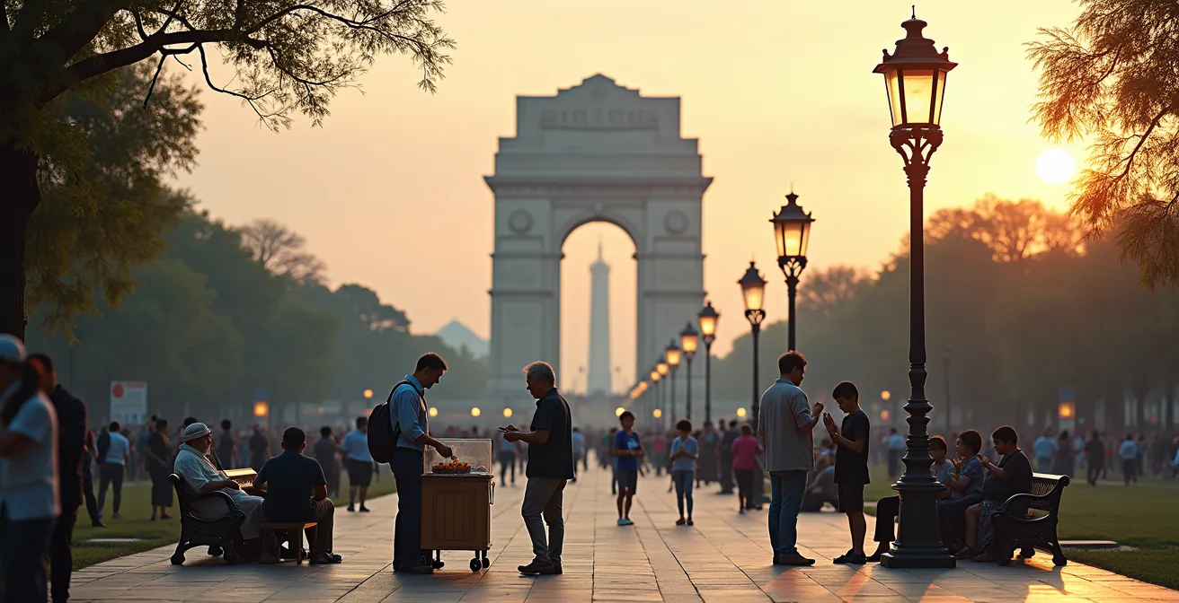 A wide view of a famous monument with the focus on the vibrant local life happening in its shadow.