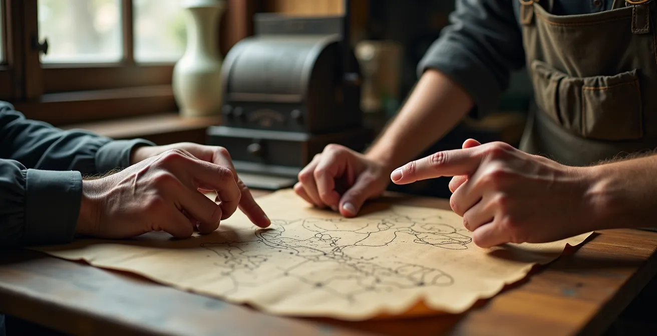 Close-up shot of weathered hands pointing at a hand-drawn map on a wooden counter