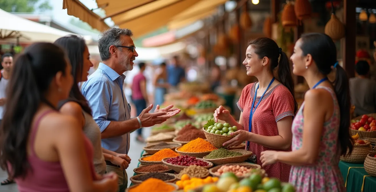 Local guide showing cruise tourists through a vibrant port market