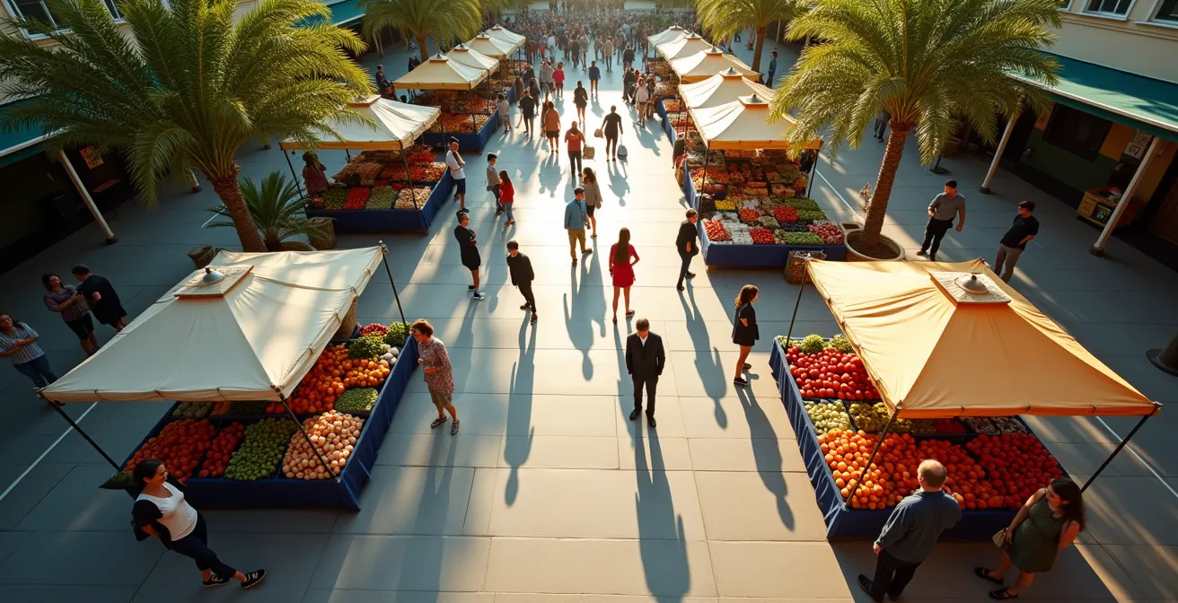 Vibrant local weekend market scene with community gathering