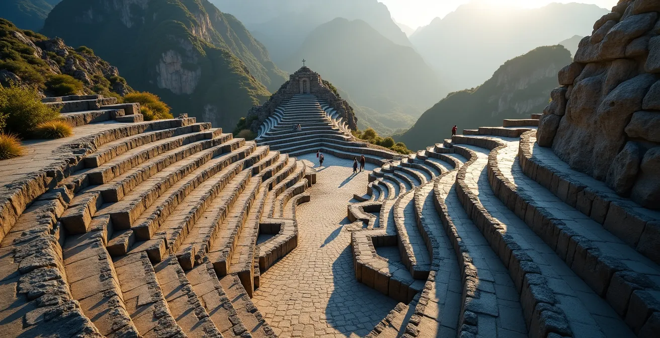 Aerial view showing different circuit paths through Machu Picchu ruins